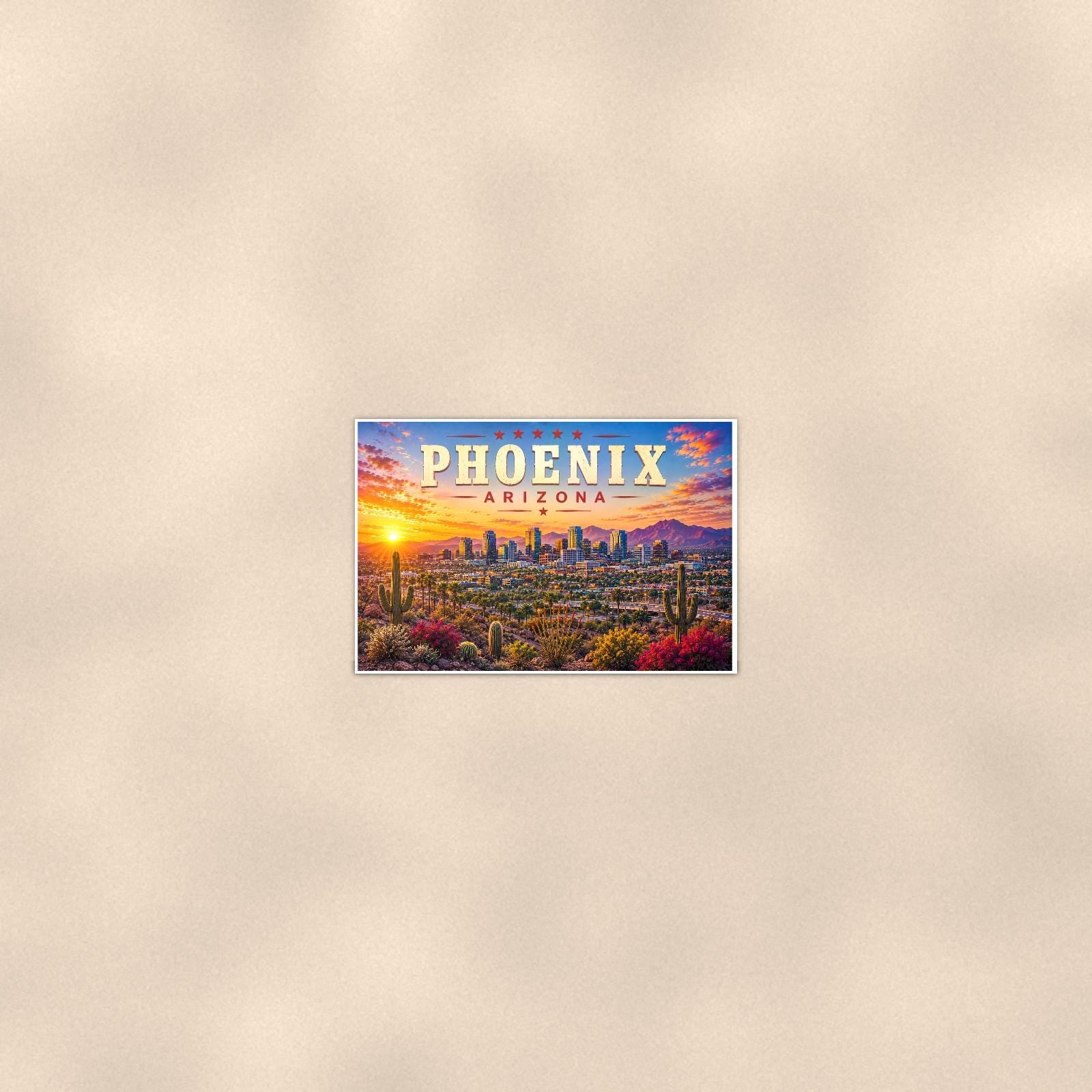 Phoenix Skyline — 36x24 in art print poster, premium luster paper with a white border; poster seen from further back, at true 24x36 in scale on a warm wall.