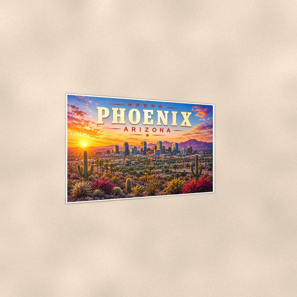 Phoenix Skyline — 36x24 in art print poster, premium luster paper with a white border; gentle three-quarter angle on a warm wall, showing the flat paper edge.