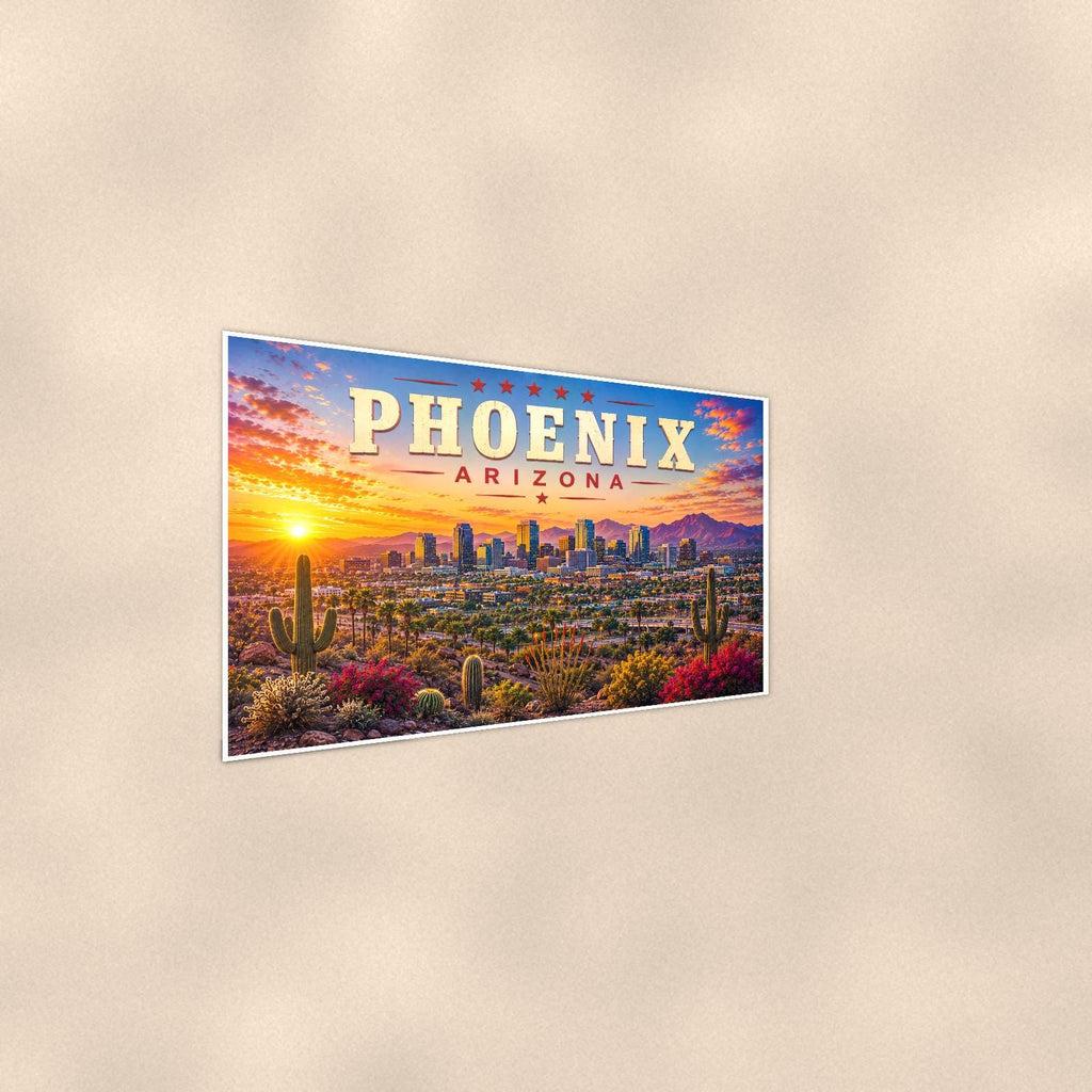 Phoenix Skyline — 36x24 in art print poster, premium luster paper with a white border; steeper three-quarter angle on a warm wall, catching the luster sheen.