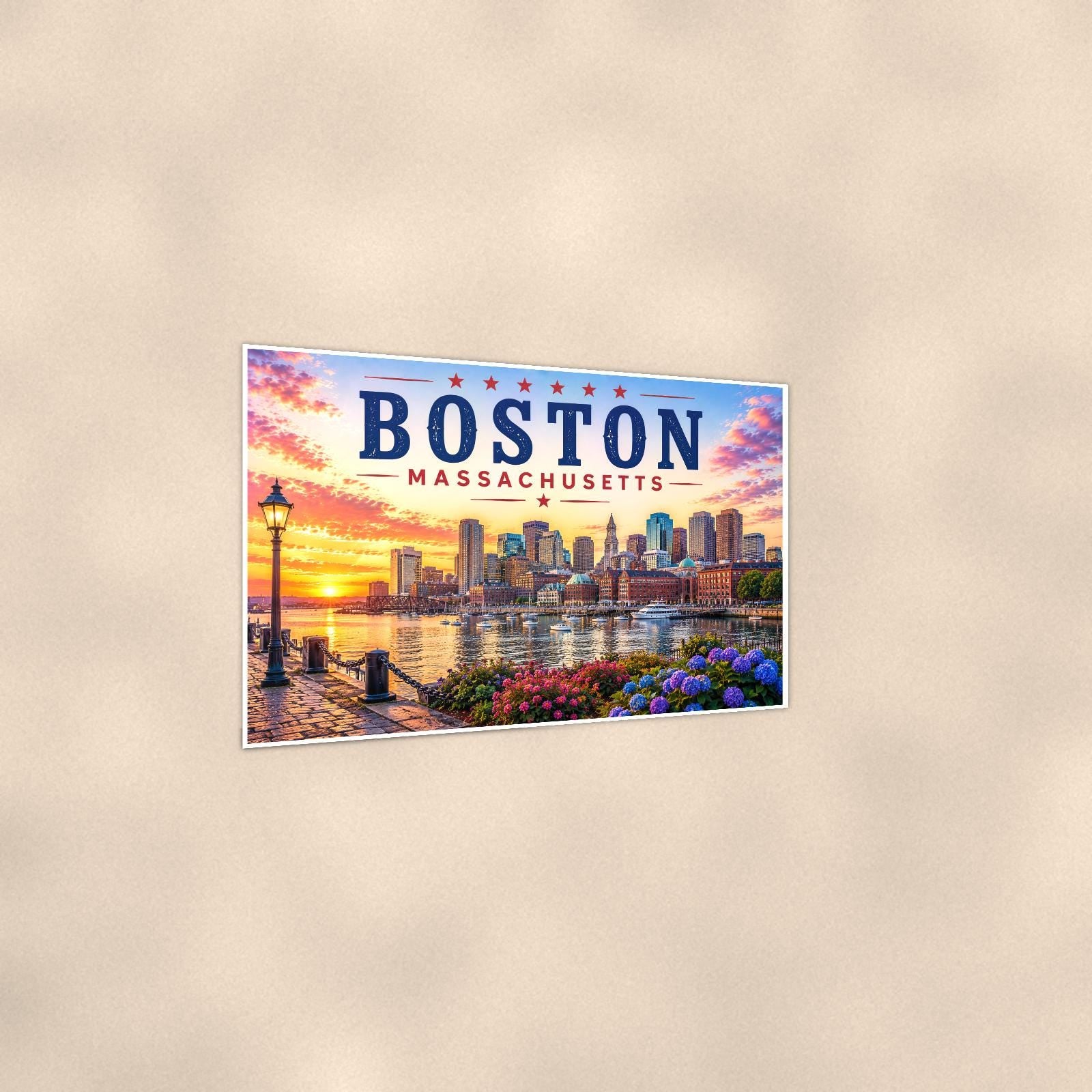 Boston Skyline — 36x24 in art print poster, premium luster paper with a white border; gentle three-quarter angle on a warm wall, showing the flat paper edge.