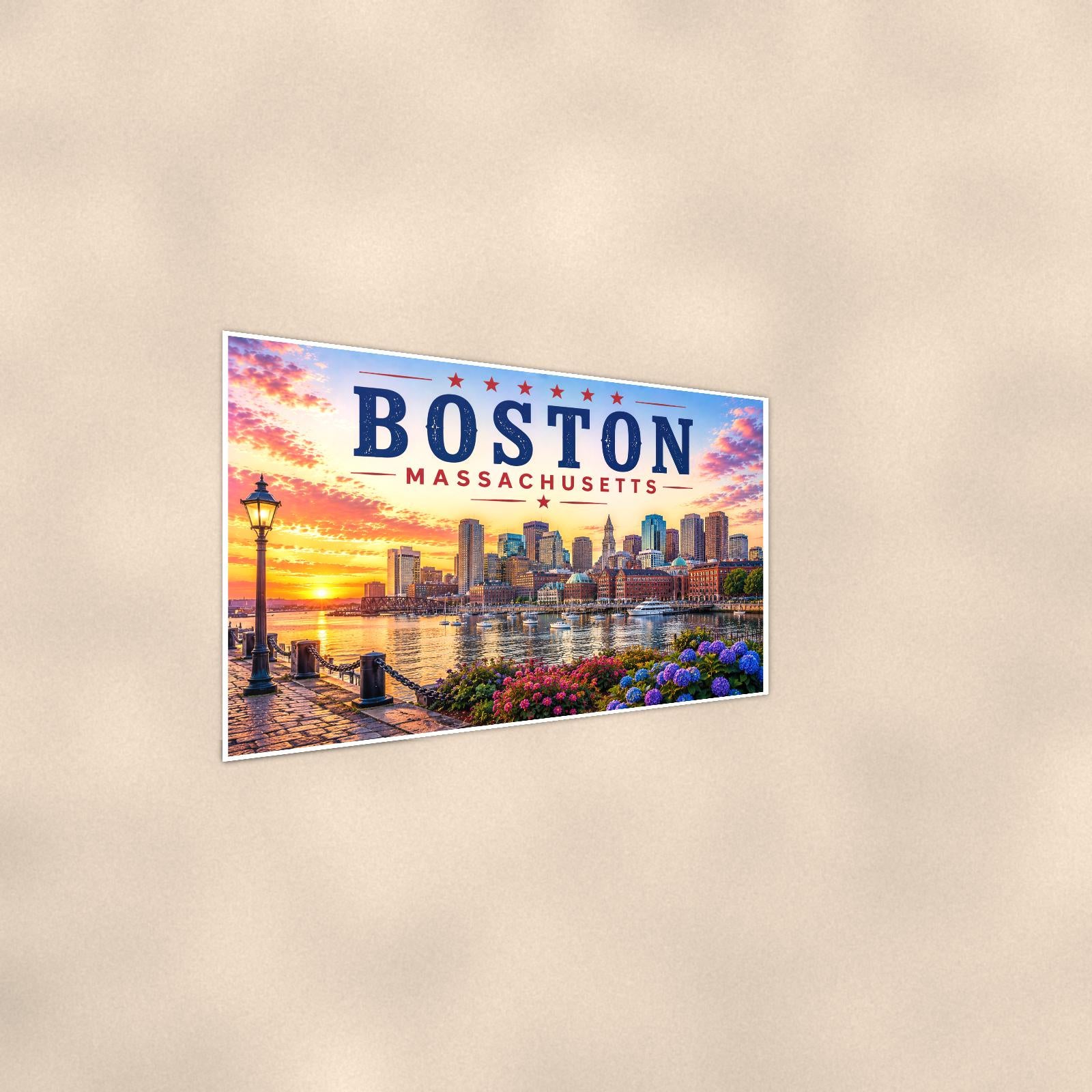 Boston Skyline — 36x24 in art print poster, premium luster paper with a white border; steeper three-quarter angle on a warm wall, catching the luster sheen.