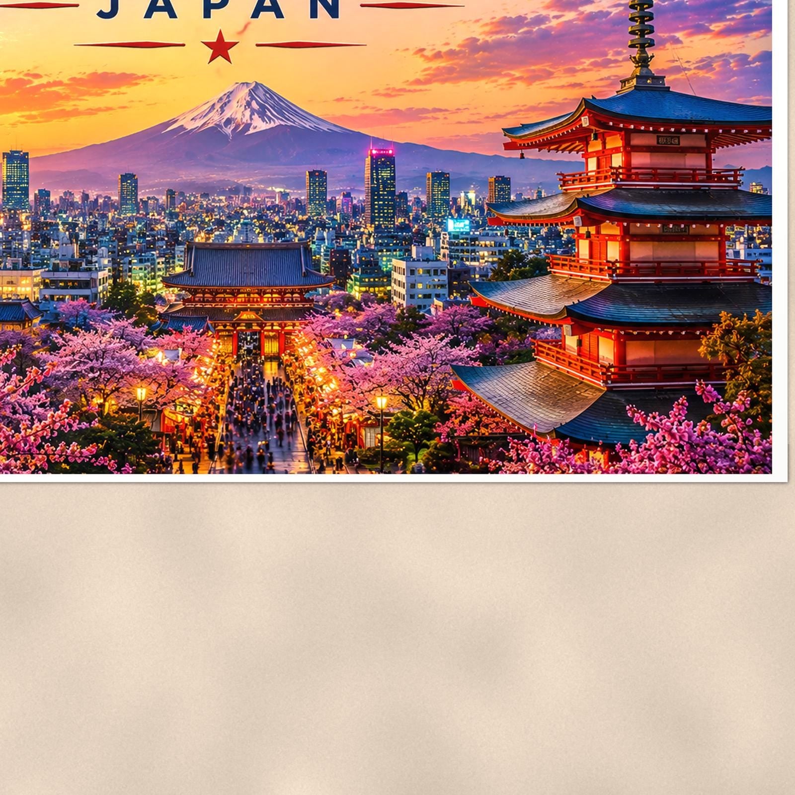 Tokyo Skyline — 36x24 in art print poster, premium luster paper with a white border; close-up framed on the main subject of the artwork, paper surface visible.
