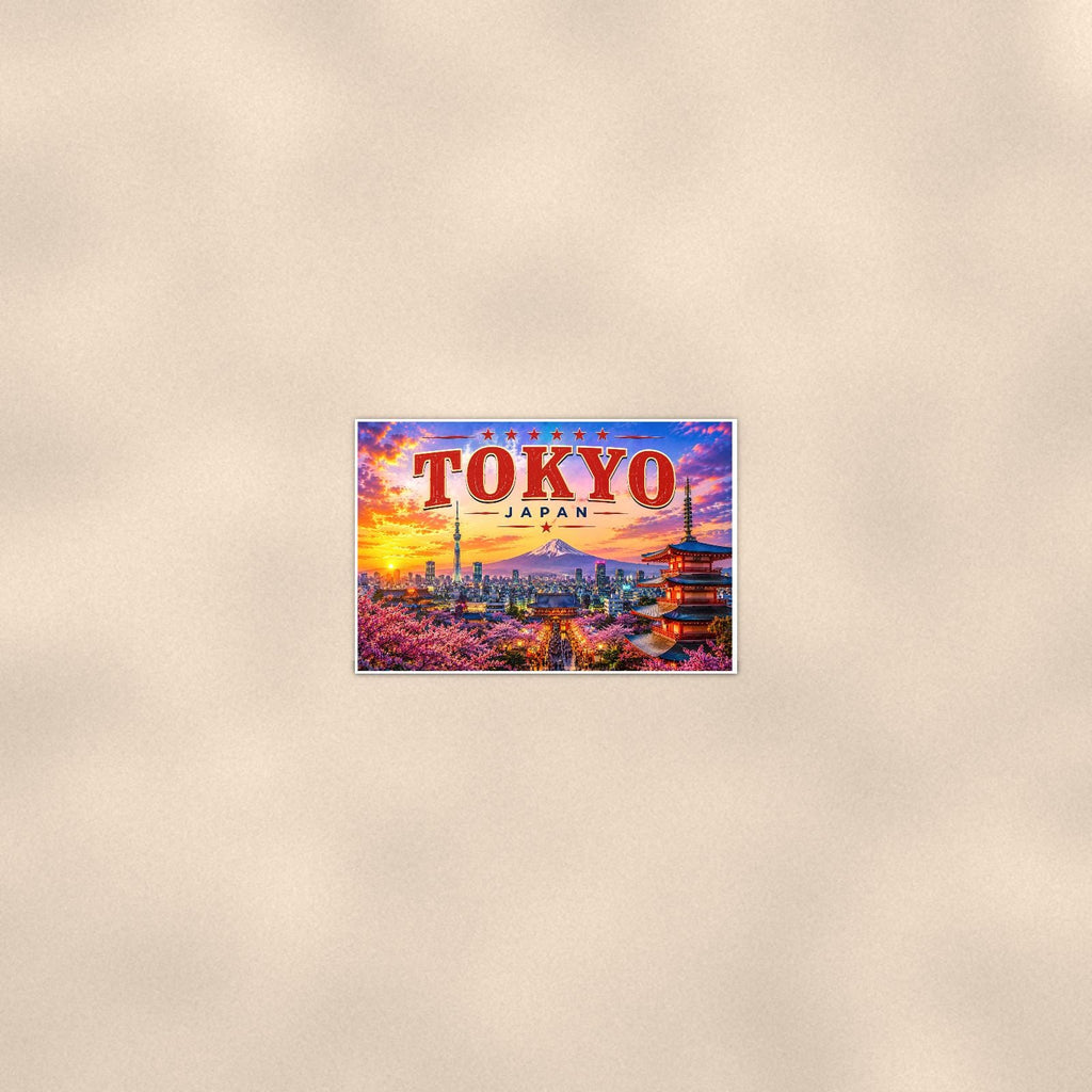 Tokyo Skyline — 36x24 in art print poster, premium luster paper with a white border; poster seen from further back, at true 24x36 in scale on a warm wall.
