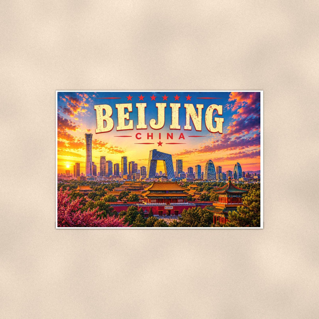 Beijing Skyline — 36x24 in art print poster, premium luster paper with a white border; poster shown straight on against a warm wall.