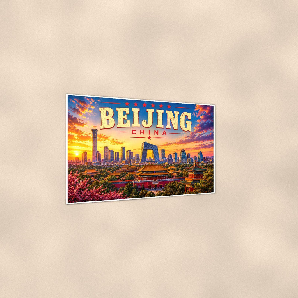 Beijing Skyline — 36x24 in art print poster, premium luster paper with a white border; gentle three-quarter angle on a warm wall, showing the flat paper edge.