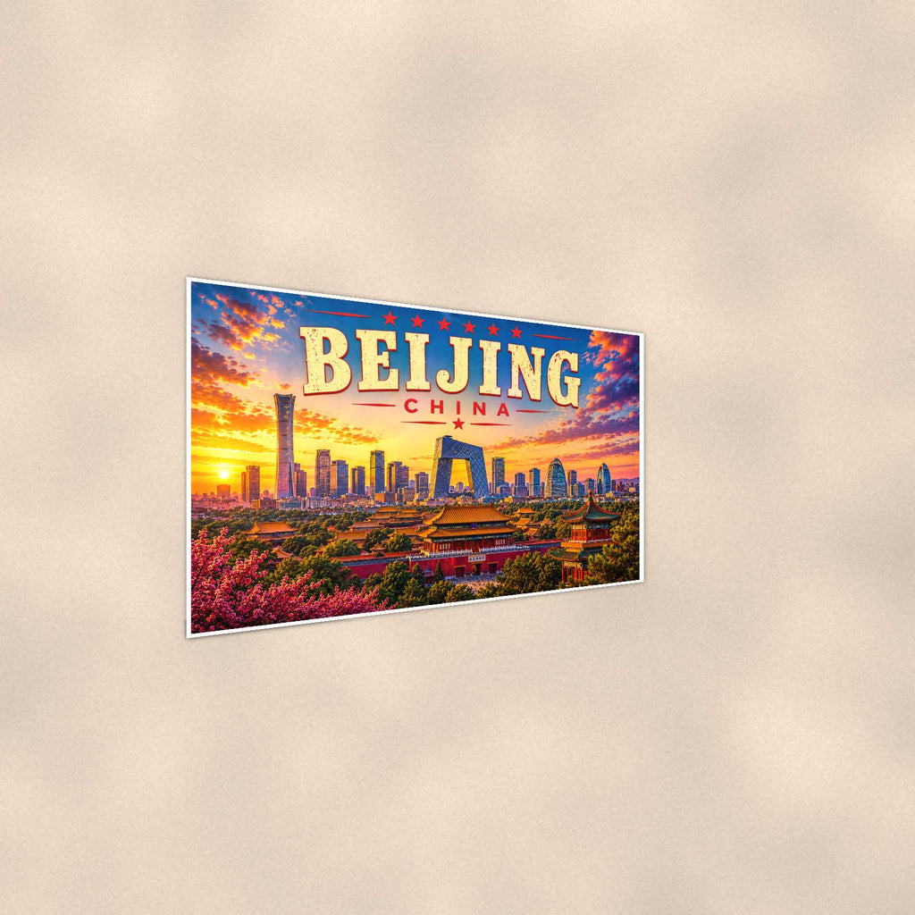 Beijing Skyline — 36x24 in art print poster, premium luster paper with a white border; steeper three-quarter angle on a warm wall, catching the luster sheen.