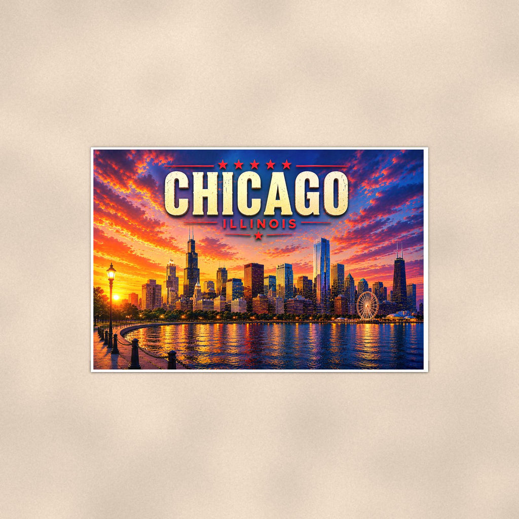 Chicago Skyline — 36x24 in art print poster, premium luster paper with a white border; poster shown straight on against a warm wall.