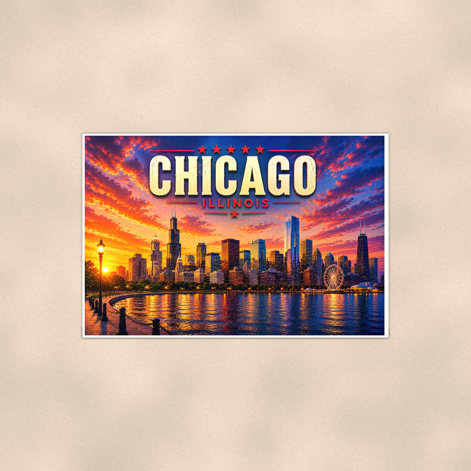 Chicago Skyline — 36x24 in art print poster, premium luster paper with a white border; poster shown straight on against a warm wall.