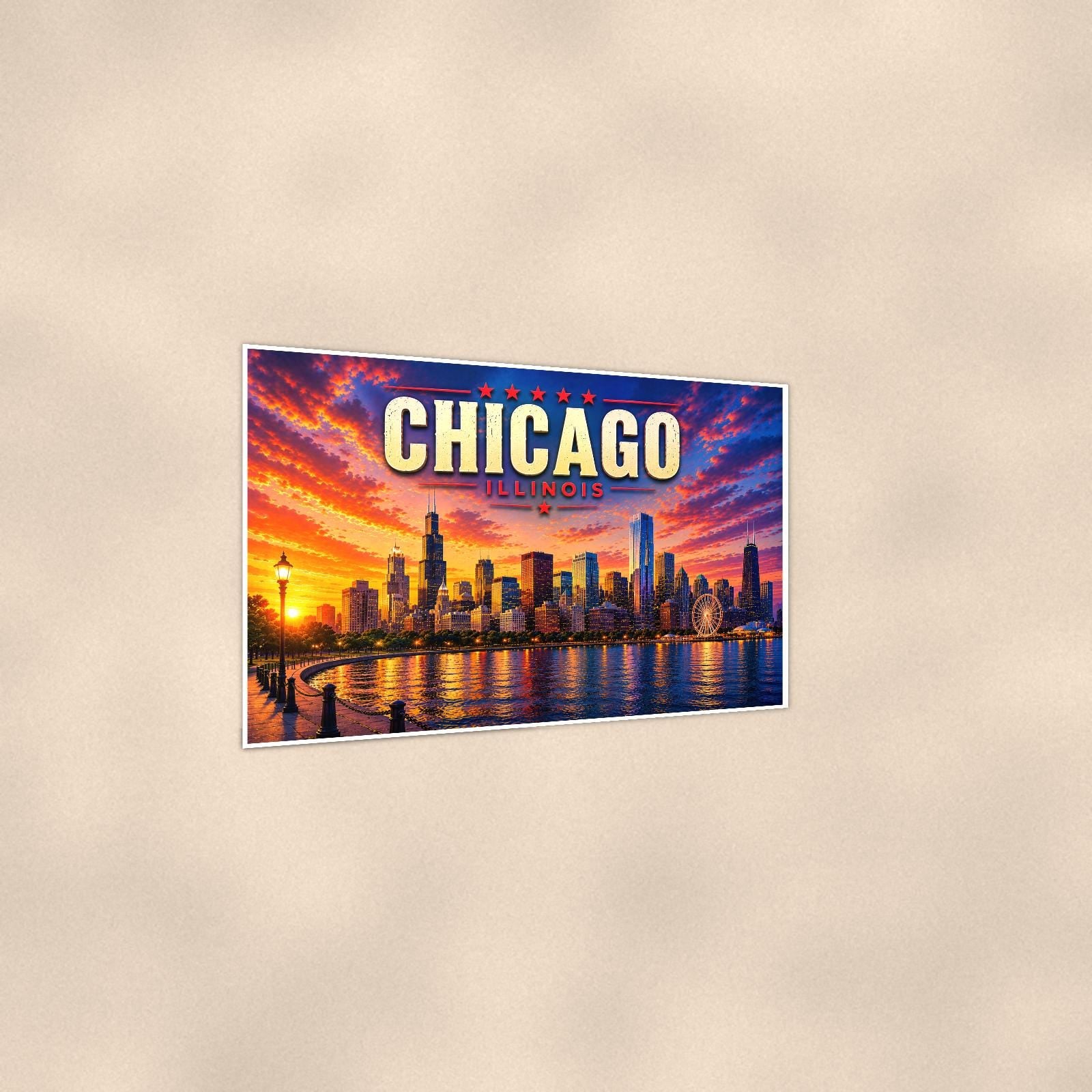Chicago Skyline — 36x24 in art print poster, premium luster paper with a white border; gentle three-quarter angle on a warm wall, showing the flat paper edge.