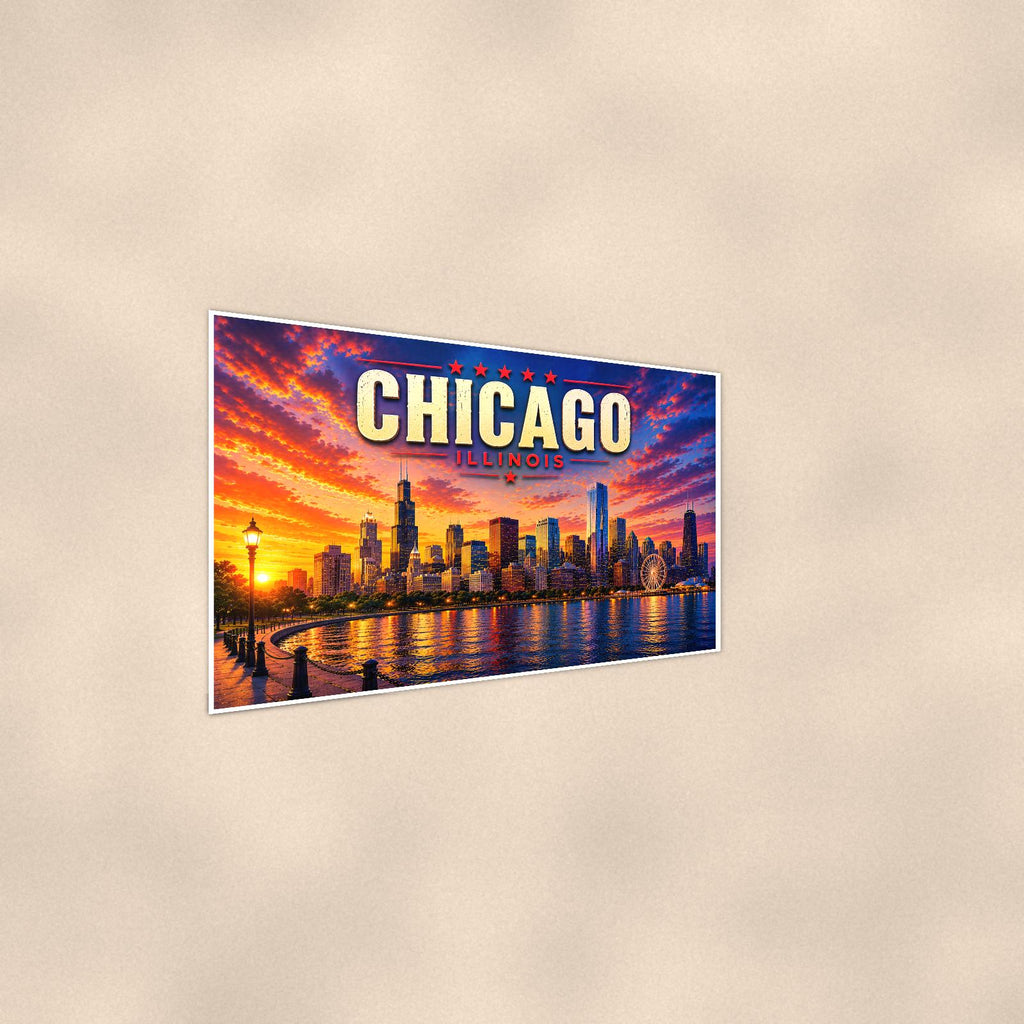 Chicago Skyline — 36x24 in art print poster, premium luster paper with a white border; steeper three-quarter angle on a warm wall, catching the luster sheen.