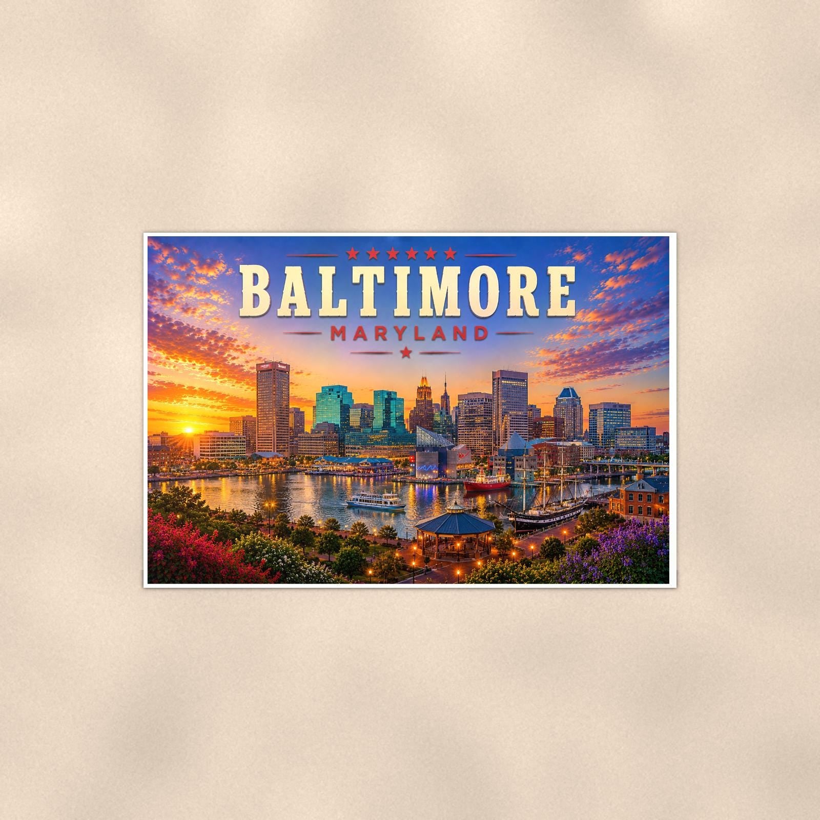 Baltimore Skyline — 36x24 in art print poster, premium luster paper with a white border; poster shown straight on against a warm wall.