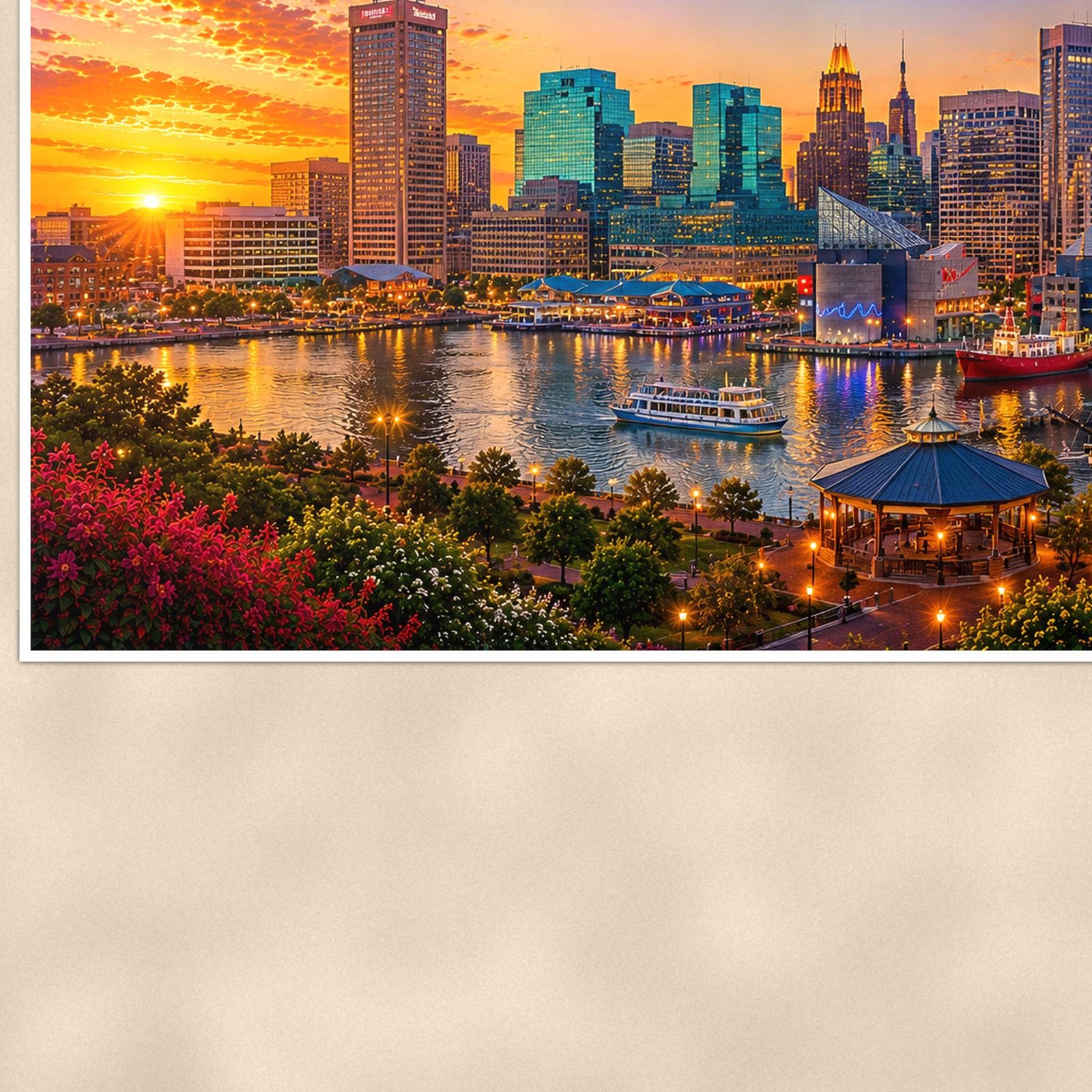 Baltimore Skyline — 36x24 in art print poster, premium luster paper with a white border; close-up framed on the main subject of the artwork, paper surface visible.