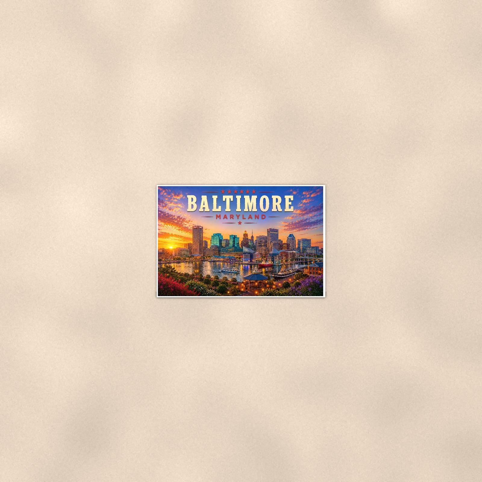 Baltimore Skyline — 36x24 in art print poster, premium luster paper with a white border; poster seen from further back, at true 24x36 in scale on a warm wall.