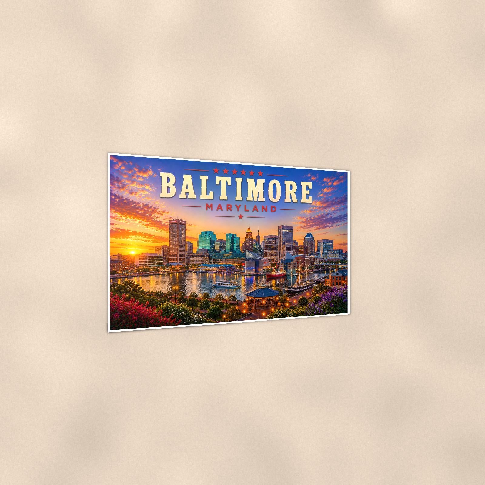 Baltimore Skyline — 36x24 in art print poster, premium luster paper with a white border; gentle three-quarter angle on a warm wall, showing the flat paper edge.