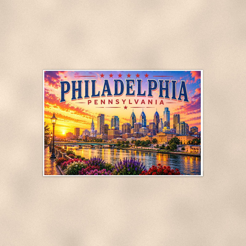 Philadelphia Skyline — 36x24 in art print poster, premium luster paper with a white border; poster shown straight on against a warm wall.