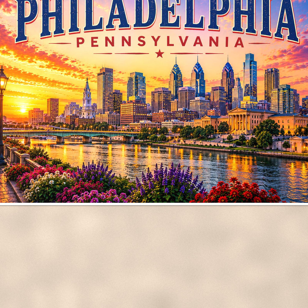 Philadelphia Skyline — 36x24 in art print poster, premium luster paper with a white border; close-up framed on the main subject of the artwork, paper surface visible.