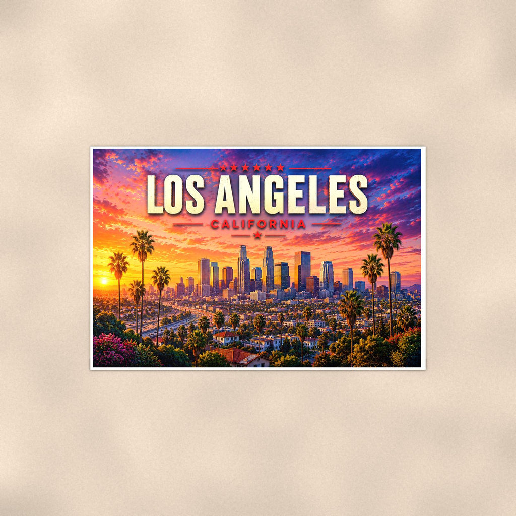 Los Angeles Skyline — 36x24 in art print poster, premium luster paper with a white border; poster shown straight on against a warm wall.