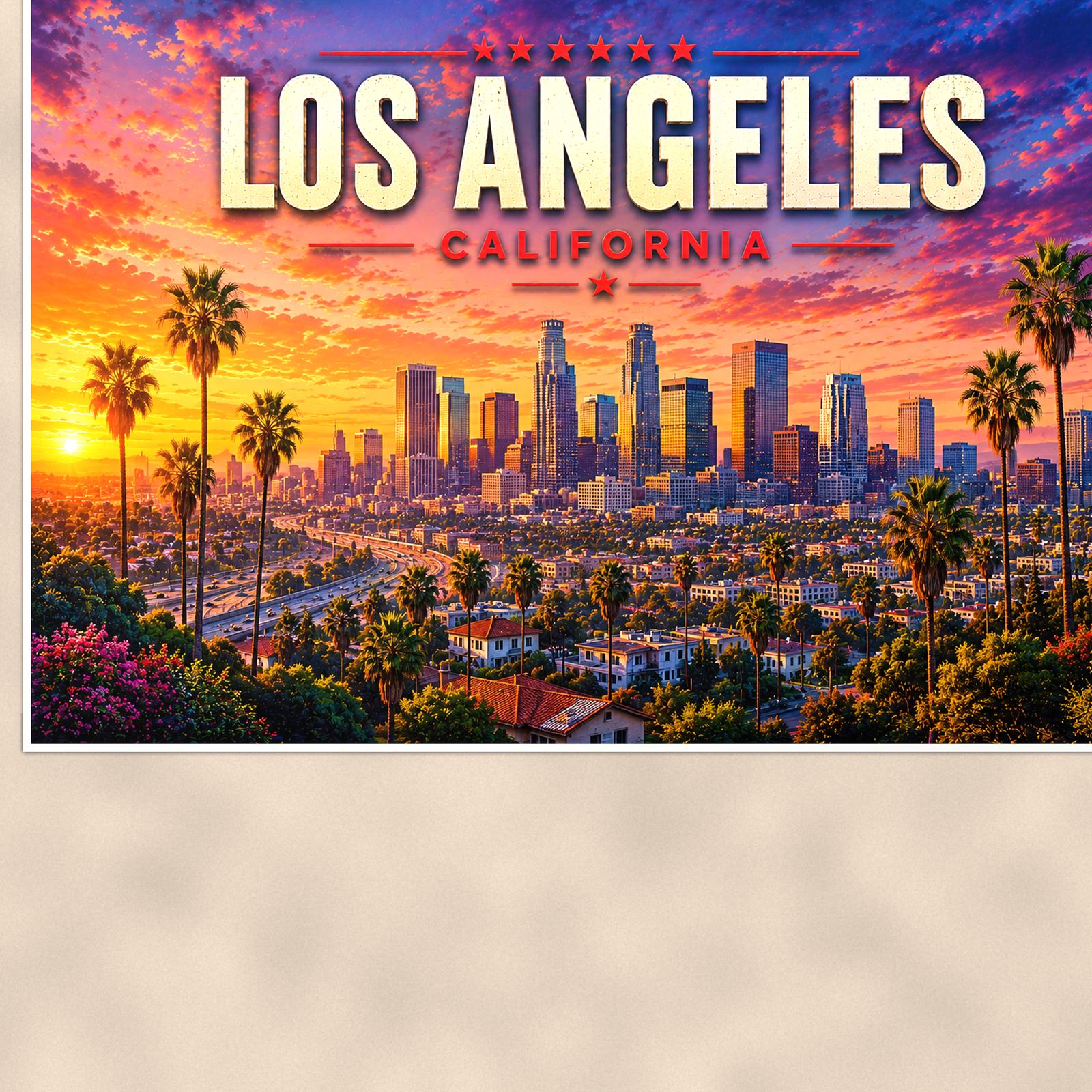Los Angeles Skyline — 36x24 in art print poster, premium luster paper with a white border; close-up framed on the main subject of the artwork, paper surface visible.