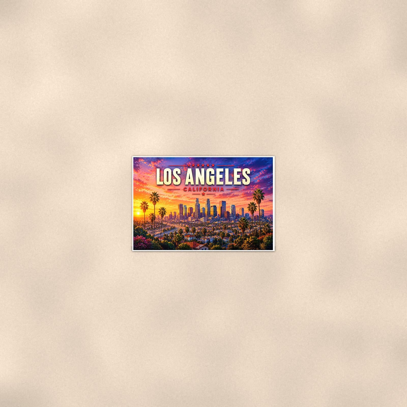 Los Angeles Skyline — 36x24 in art print poster, premium luster paper with a white border; poster seen from further back, at true 24x36 in scale on a warm wall.