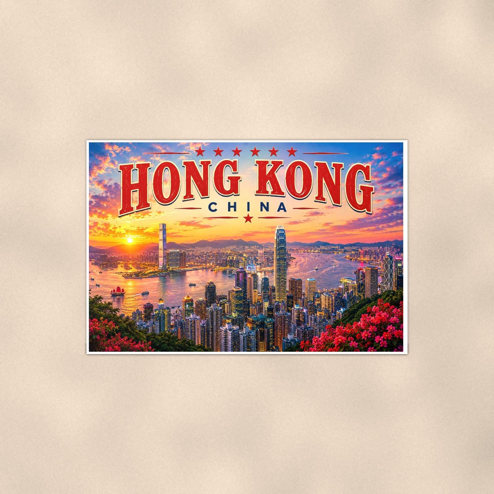 Hong Kong Skyline — 36x24 in art print poster, premium luster paper with a white border; poster shown straight on against a warm wall.