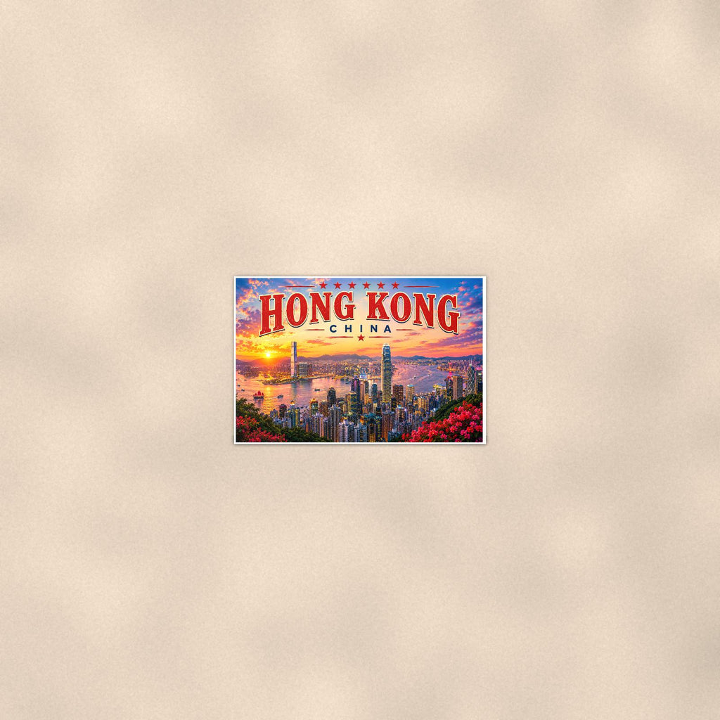 Hong Kong Skyline — 36x24 in art print poster, premium luster paper with a white border; poster seen from further back, at true 24x36 in scale on a warm wall.