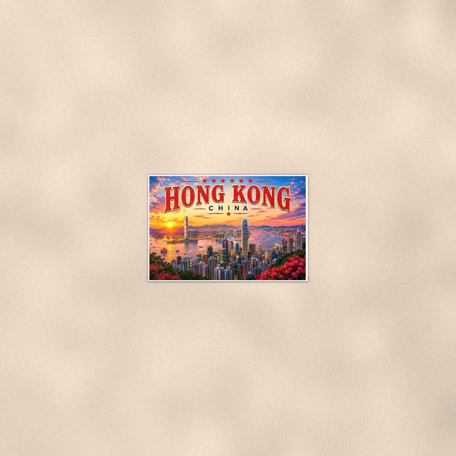 Hong Kong Skyline — 36x24 in art print poster, premium luster paper with a white border; poster seen from further back, at true 24x36 in scale on a warm wall.