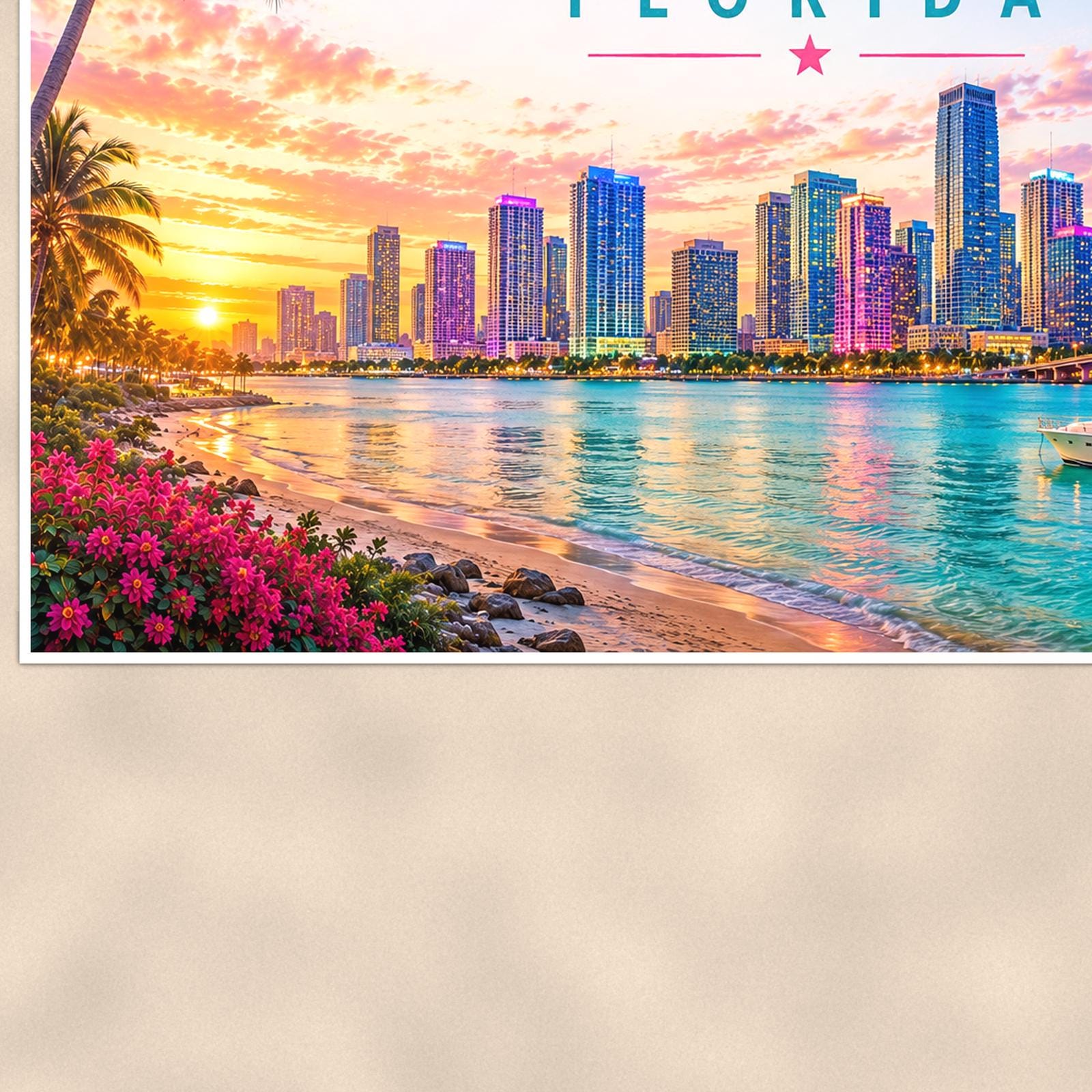 Miami Skyline — 36x24 in art print poster, premium luster paper with a white border; close-up framed on the main subject of the artwork, paper surface visible.