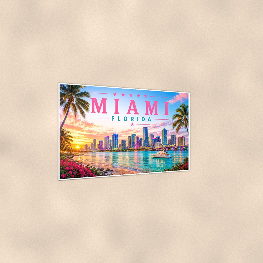 Miami Skyline — 36x24 in art print poster, premium luster paper with a white border; gentle three-quarter angle on a warm wall, showing the flat paper edge.