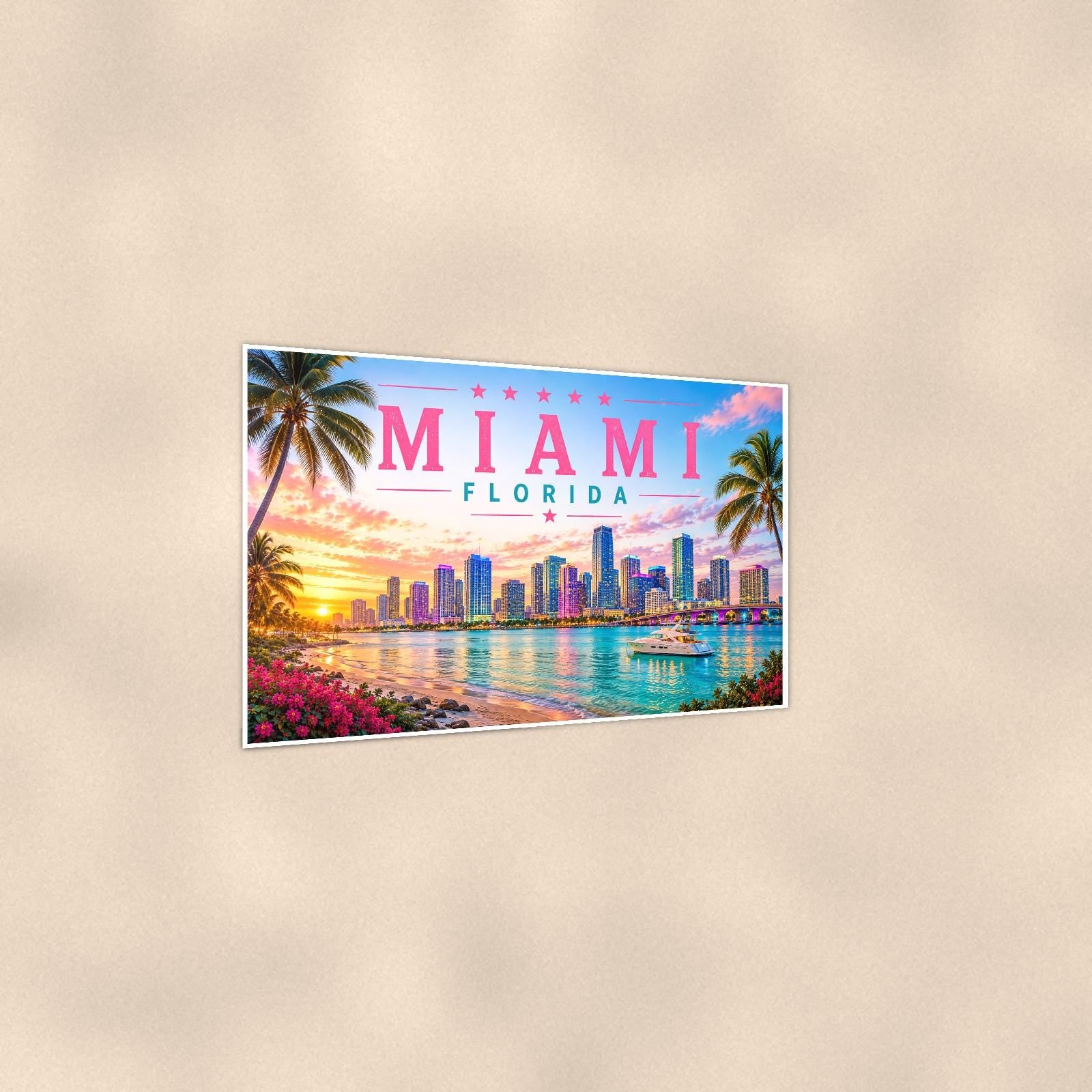 Miami Skyline — 36x24 in art print poster, premium luster paper with a white border; gentle three-quarter angle on a warm wall, showing the flat paper edge.