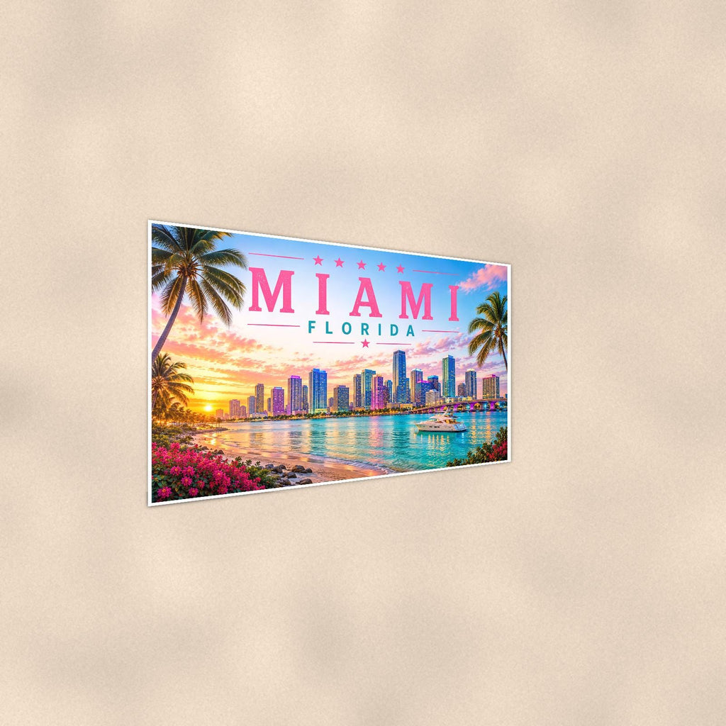 Miami Skyline — 36x24 in art print poster, premium luster paper with a white border; steeper three-quarter angle on a warm wall, catching the luster sheen.
