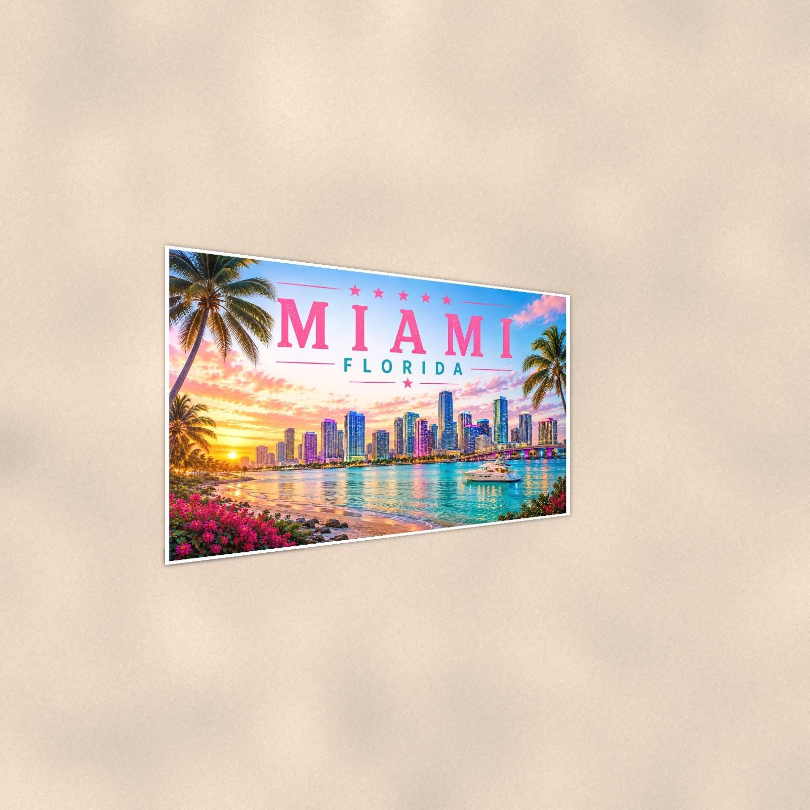 Miami Skyline — 36x24 in art print poster, premium luster paper with a white border; steeper three-quarter angle on a warm wall, catching the luster sheen.