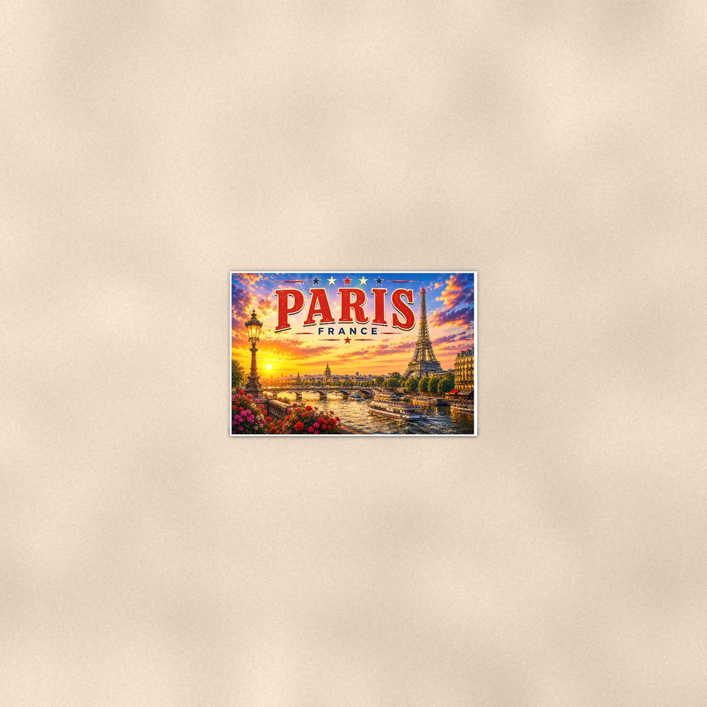 Paris Skyline — 36x24 in art print poster, premium luster paper with a white border; poster seen from further back, at true 24x36 in scale on a warm wall.