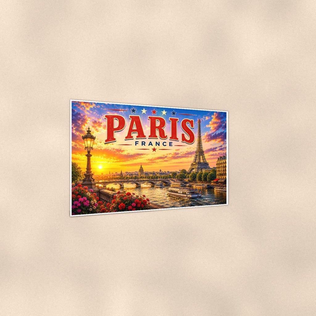 Paris Skyline — 36x24 in art print poster, premium luster paper with a white border; gentle three-quarter angle on a warm wall, showing the flat paper edge.