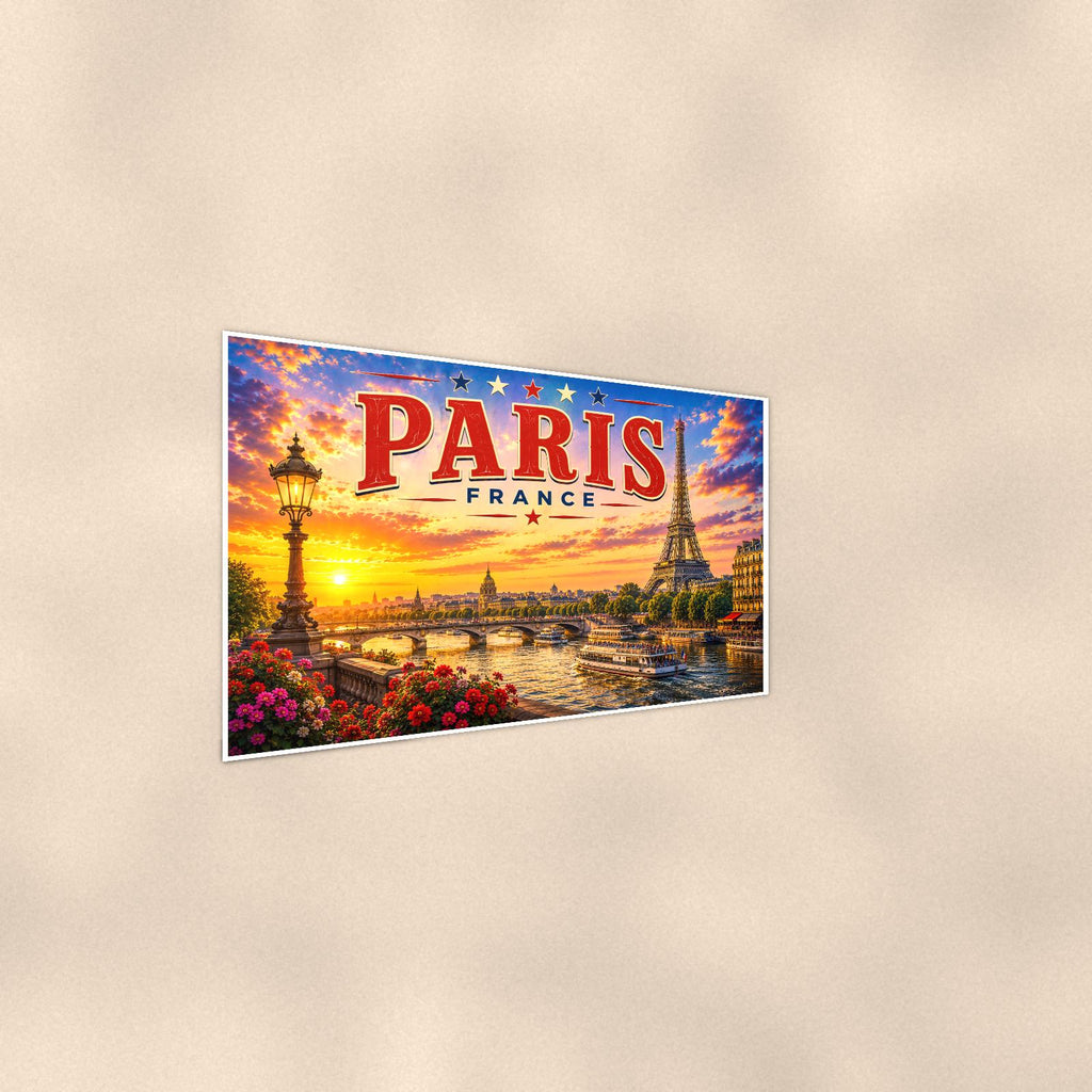 Paris Skyline — 36x24 in art print poster, premium luster paper with a white border; steeper three-quarter angle on a warm wall, catching the luster sheen.