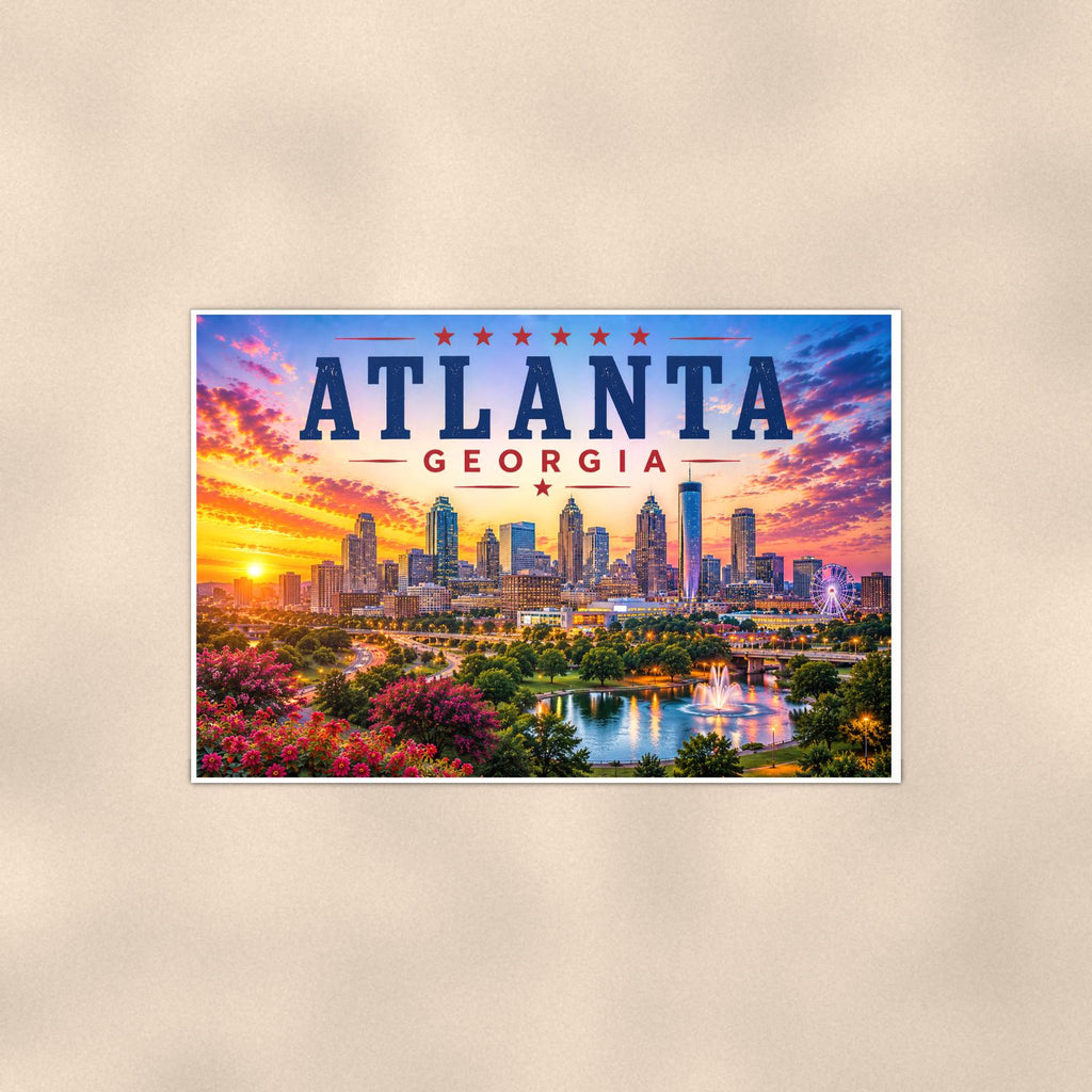 Atlanta Skyline — 36x24 in art print poster, premium luster paper with a white border; poster shown straight on against a warm wall.