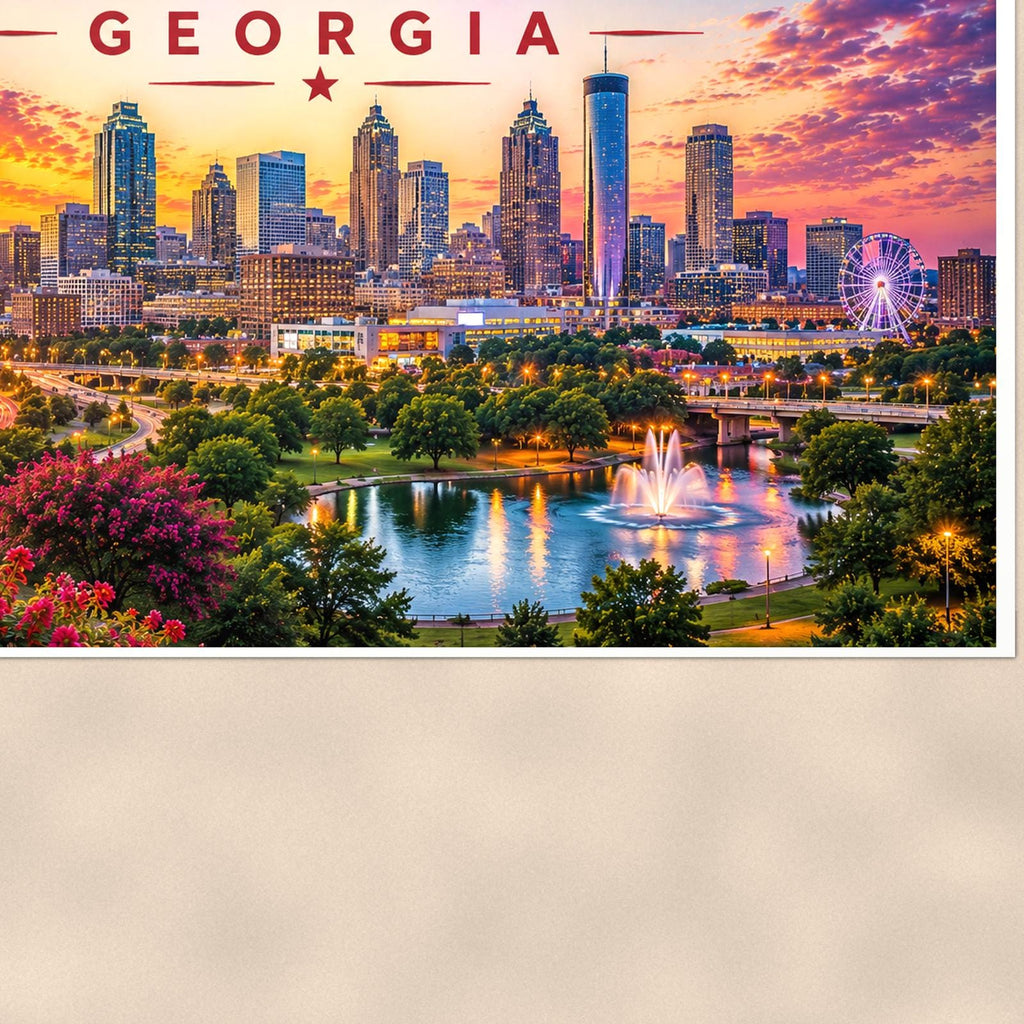 Atlanta Skyline — 36x24 in art print poster, premium luster paper with a white border; close-up framed on the main subject of the artwork, paper surface visible.
