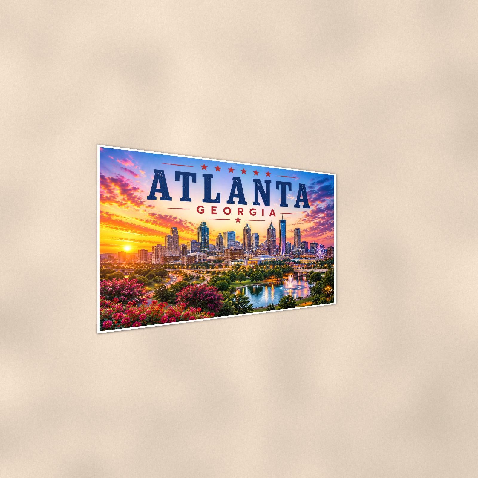 Atlanta Skyline — 36x24 in art print poster, premium luster paper with a white border; steeper three-quarter angle on a warm wall, catching the luster sheen.