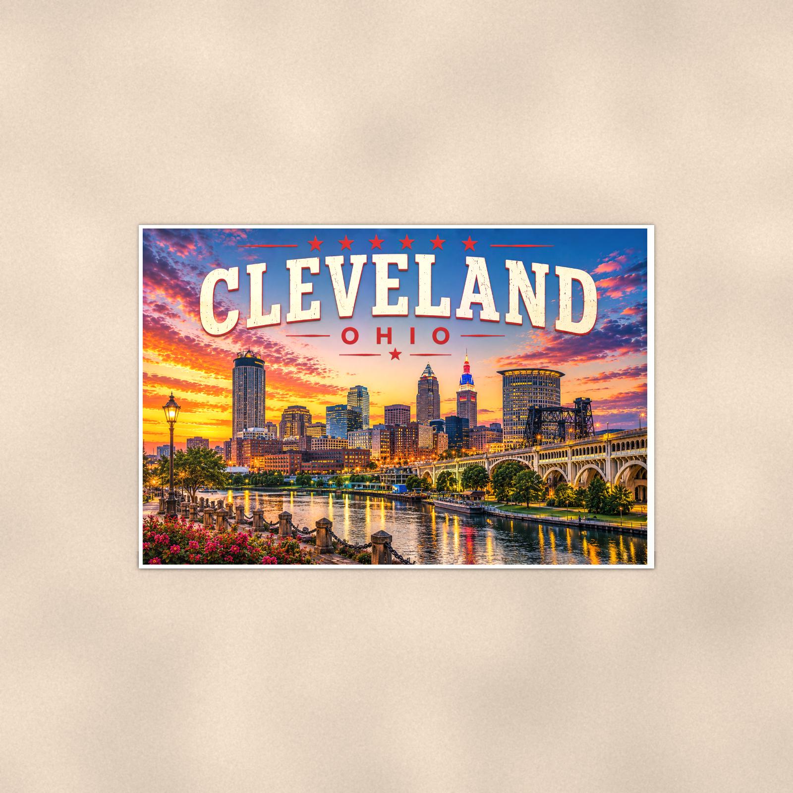 Cleveland Skyline — 36x24 in art print poster, premium luster paper with a white border; poster shown straight on against a warm wall.