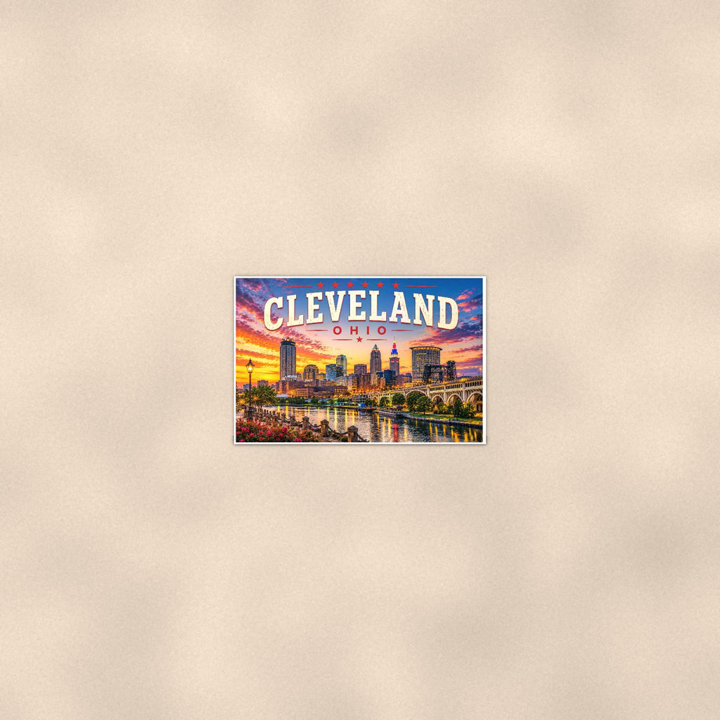 Cleveland Skyline — 36x24 in art print poster, premium luster paper with a white border; poster seen from further back, at true 24x36 in scale on a warm wall.