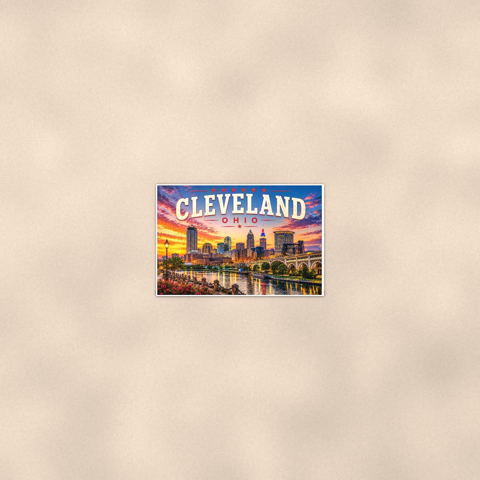 Cleveland Skyline — 36x24 in art print poster, premium luster paper with a white border; poster seen from further back, at true 24x36 in scale on a warm wall.
