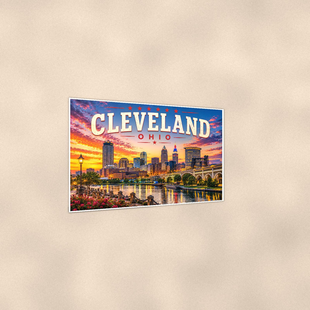 Cleveland Skyline — 36x24 in art print poster, premium luster paper with a white border; gentle three-quarter angle on a warm wall, showing the flat paper edge.