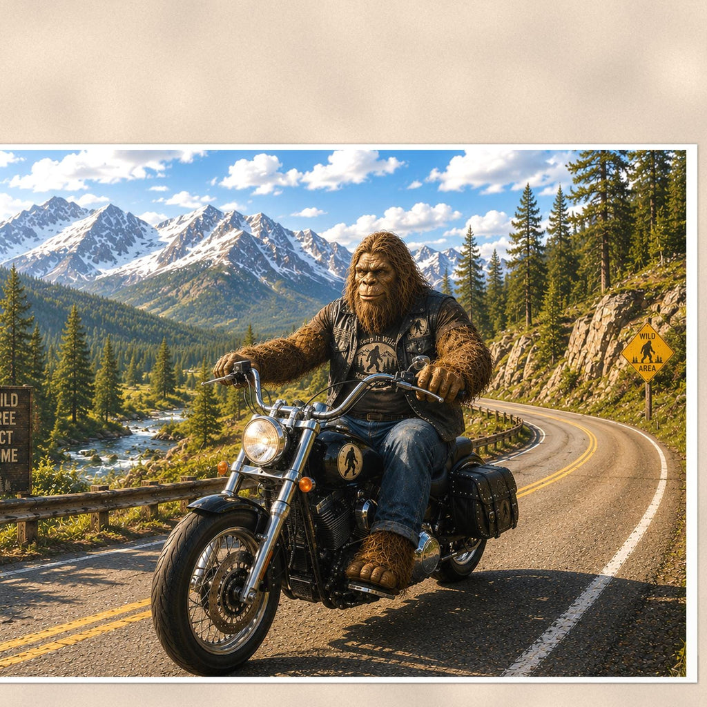 Mountain Bike Bigfoot — 36x24 in art print poster, premium luster paper with a white border; close-up framed on the main subject of the artwork, paper surface visible.
