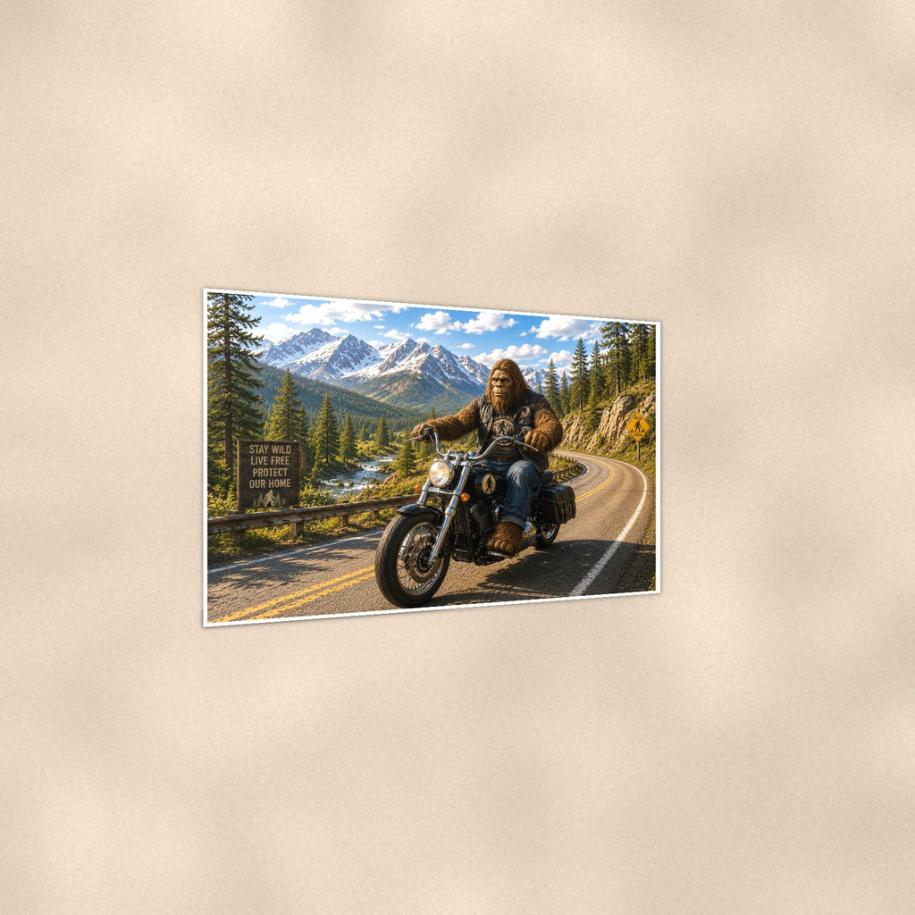 Mountain Bike Bigfoot — 36x24 in art print poster, premium luster paper with a white border; gentle three-quarter angle on a warm wall, showing the flat paper edge.