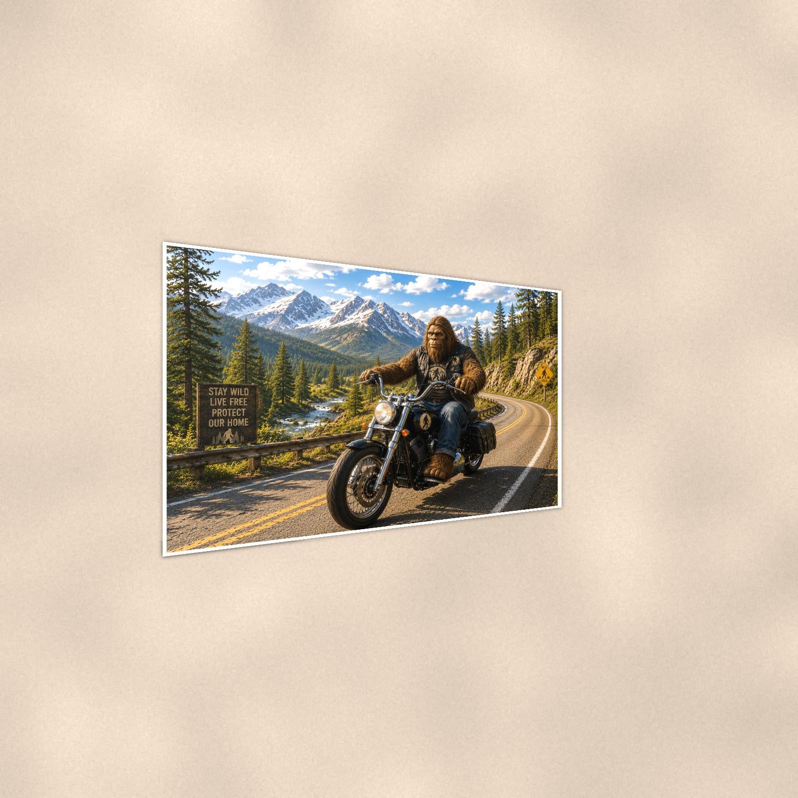 Mountain Bike Bigfoot — 36x24 in art print poster, premium luster paper with a white border; steeper three-quarter angle on a warm wall, catching the luster sheen.