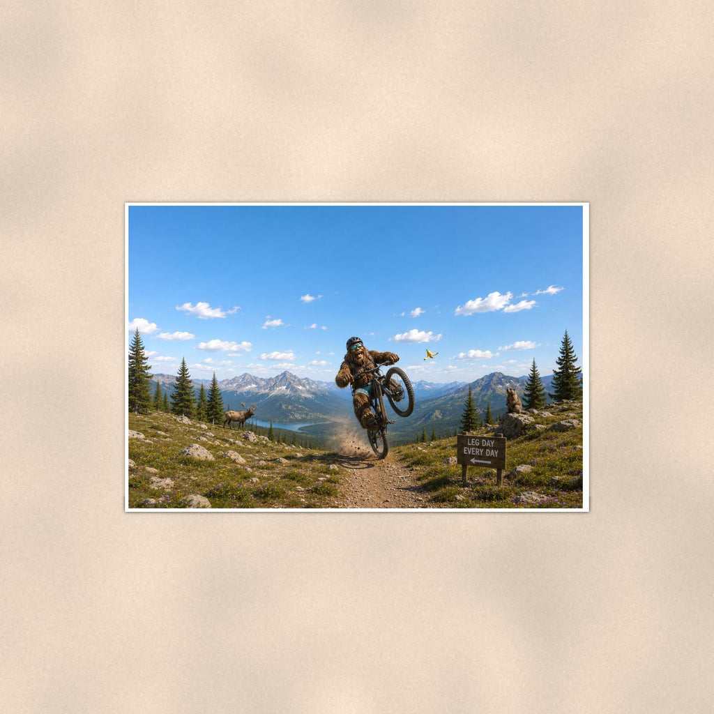 Mountain Bike Bigfoot Scenic — 36x24 in art print poster, premium luster paper with a white border; poster shown straight on against a warm wall.
