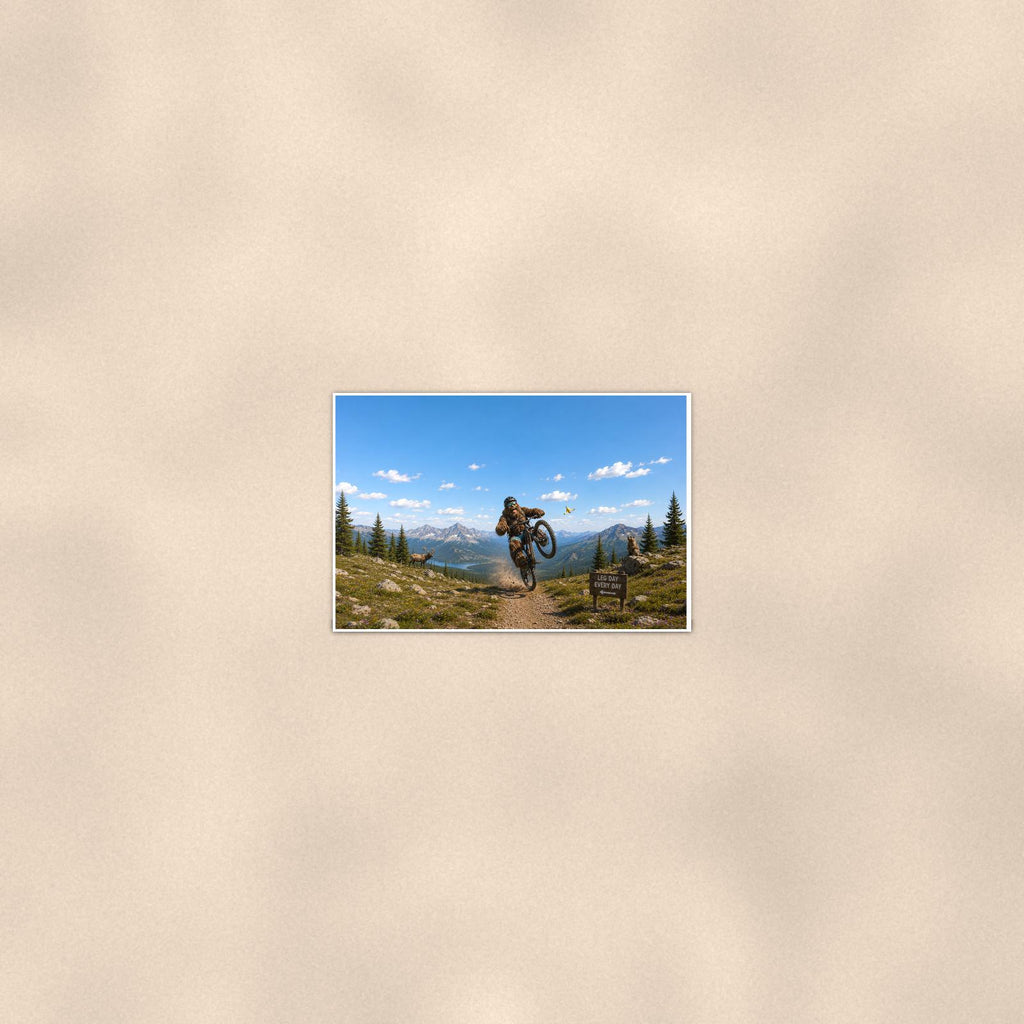Mountain Bike Bigfoot Scenic — 36x24 in art print poster, premium luster paper with a white border; poster seen from further back, at true 24x36 in scale on a warm wall.