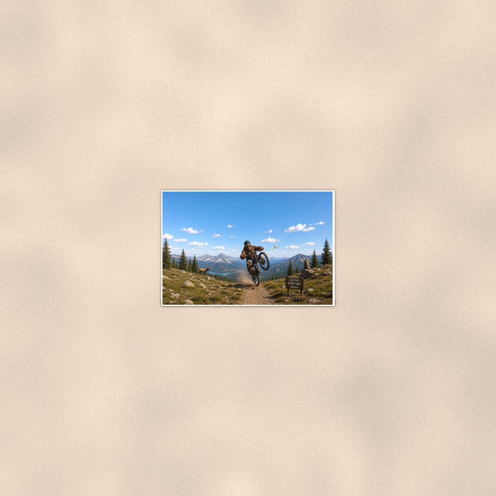 Mountain Bike Bigfoot Scenic — 36x24 in art print poster, premium luster paper with a white border; poster seen from further back, at true 24x36 in scale on a warm wall.