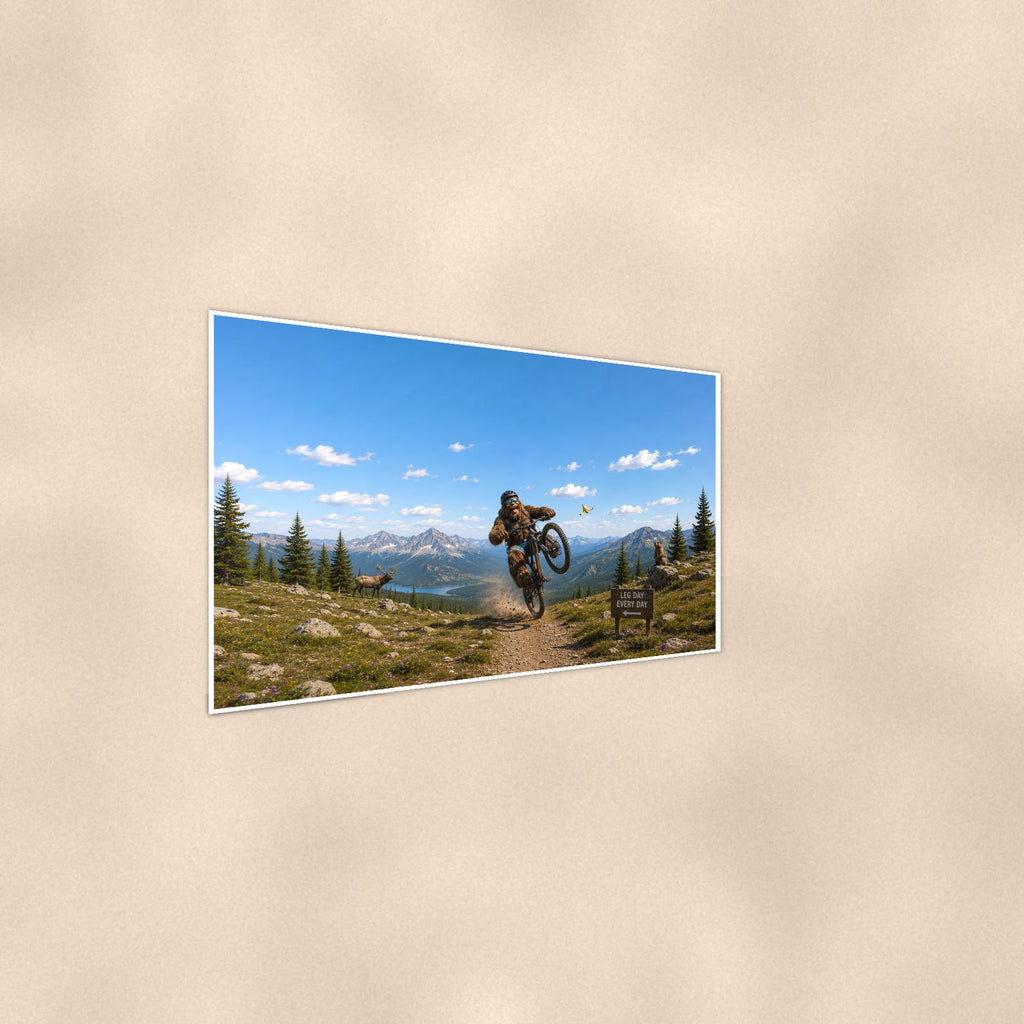 Mountain Bike Bigfoot Scenic — 36x24 in art print poster, premium luster paper with a white border; steeper three-quarter angle on a warm wall, catching the luster sheen.