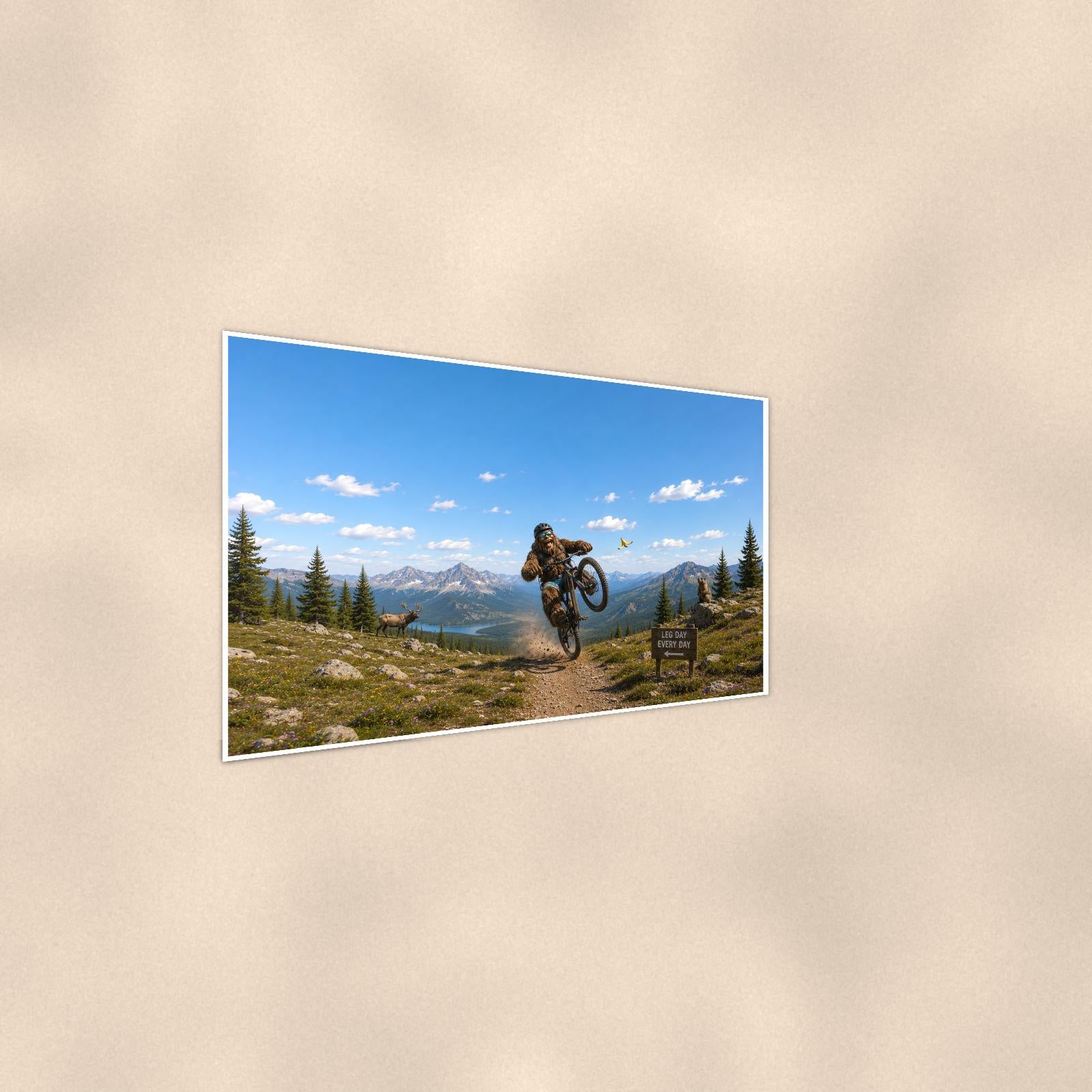 Mountain Bike Bigfoot Scenic — 36x24 in art print poster, premium luster paper with a white border; steeper three-quarter angle on a warm wall, catching the luster sheen.