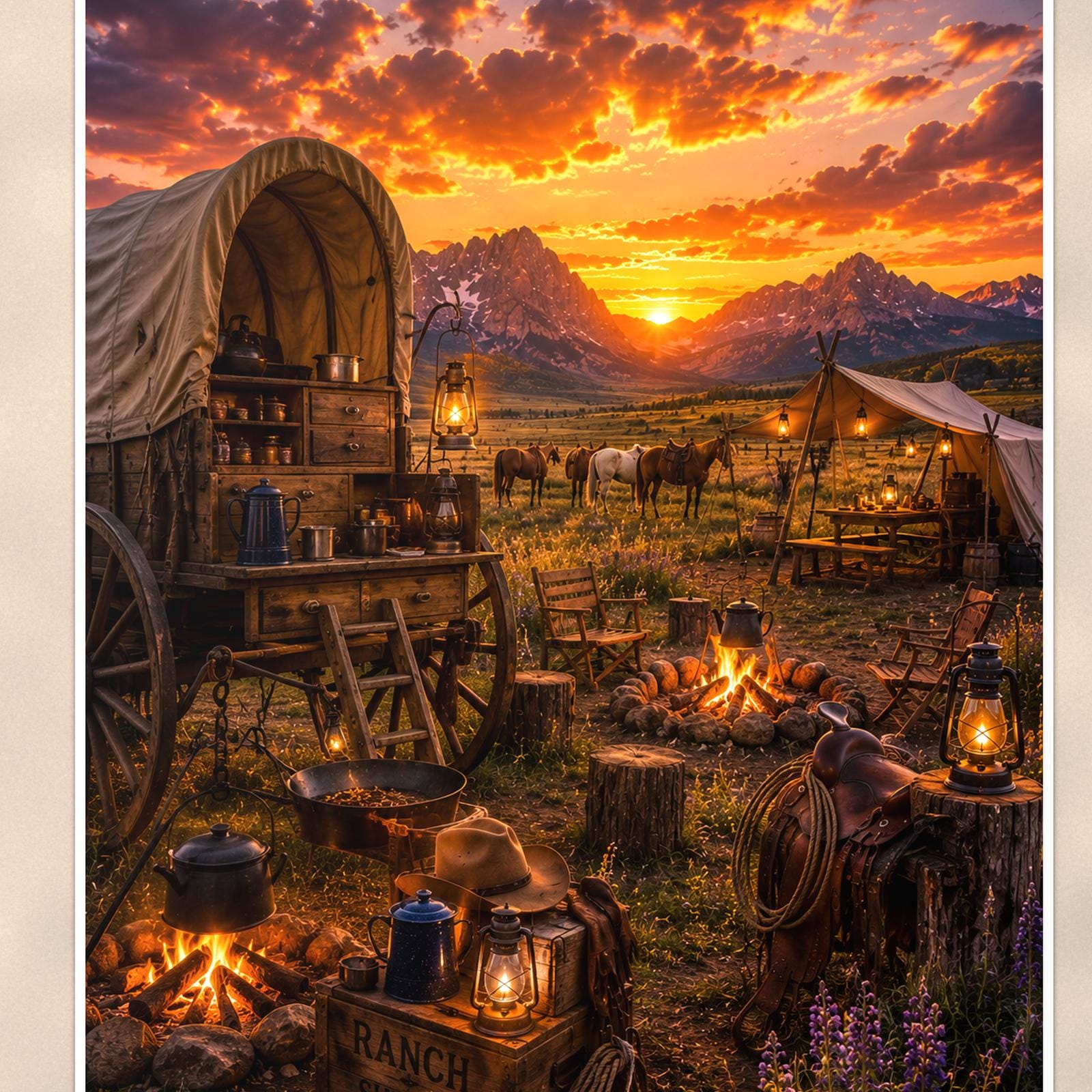Western Covered Wagon Camp — 24x36 in art print poster, premium luster paper with a white border; close-up framed on the main subject of the artwork, paper surface visible.